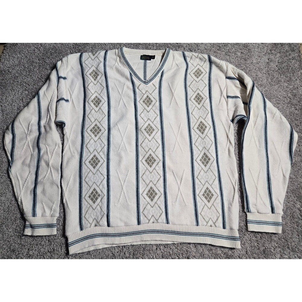 Vintage Fairway Sport Long Sleeve Golf Club Chunky Sweater Cream Blue Men's XXL